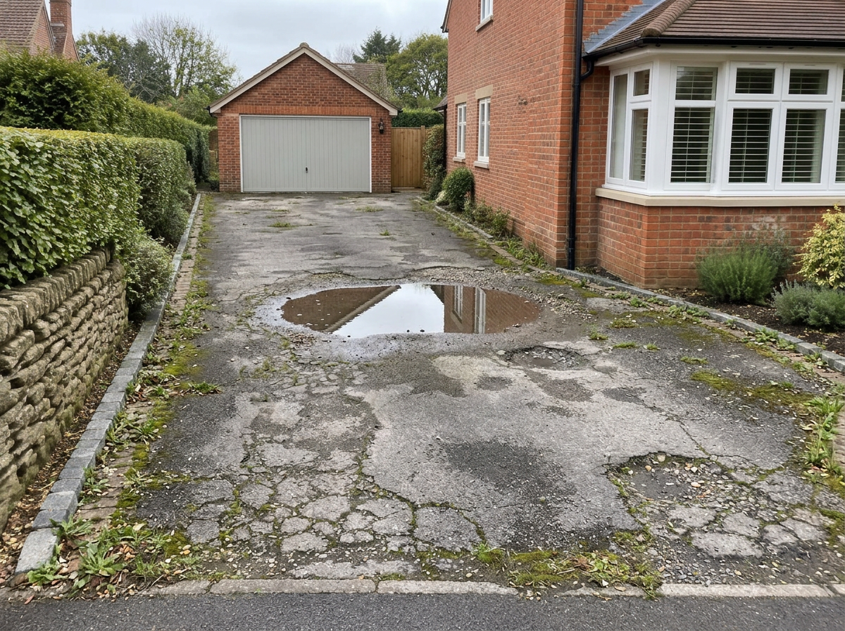 Same driveway before resurfacing, worn and cracked