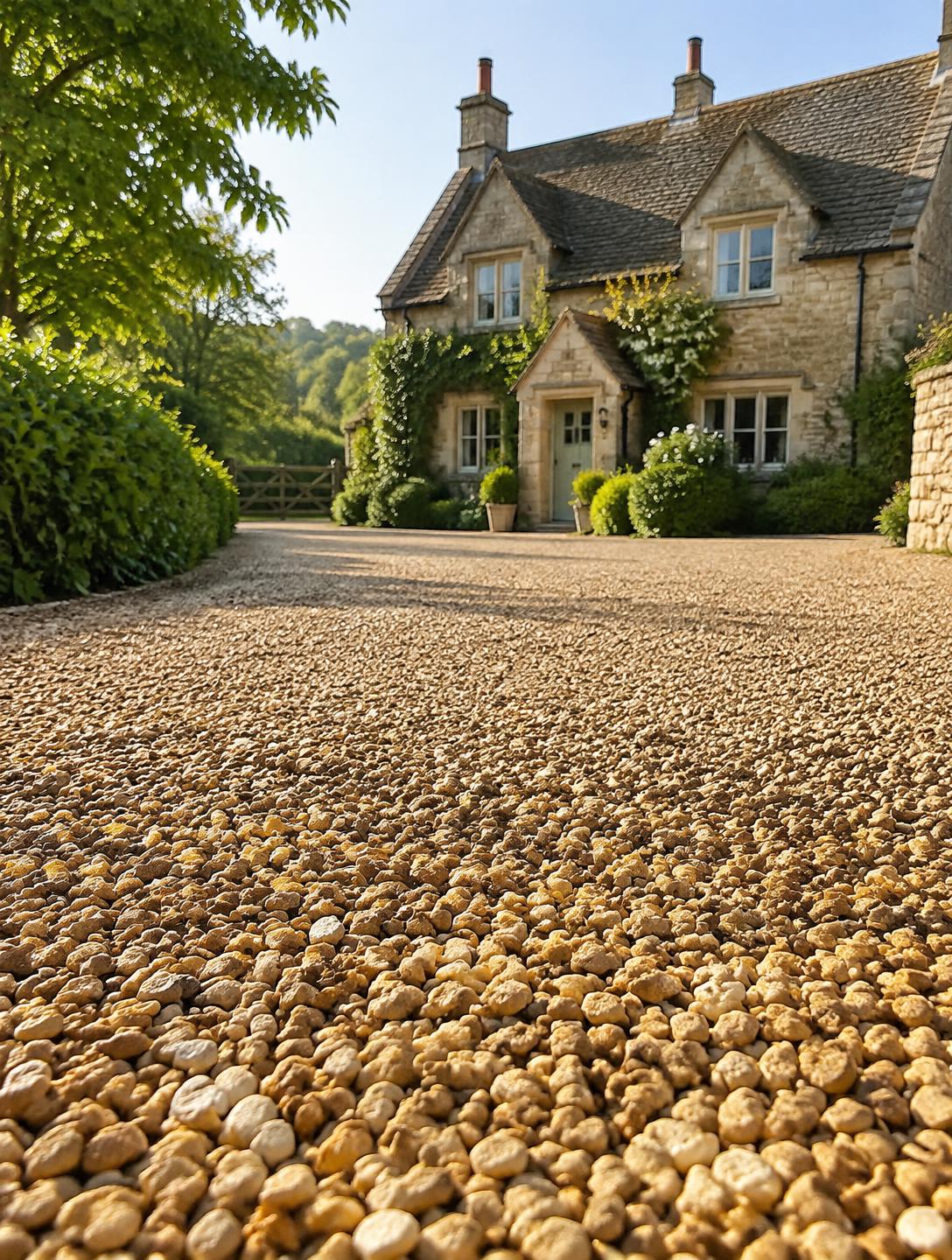 Golden tar and chip driveway leading to a Cotswold stone farmhouse